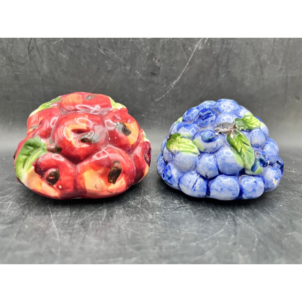 Vtg Ceramic Fruit Salt & Pepper Shakers Apple Blueberry Set 2" x 2.5" As Is